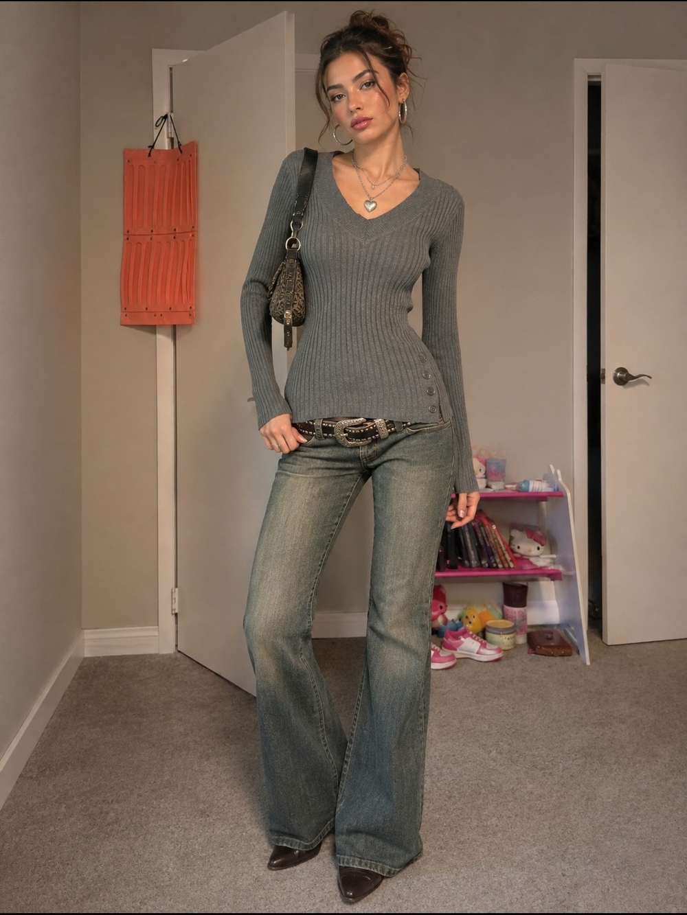 Vintage Y2K Hooked Up by IOT Gray Ribbed V-Neck Sweater